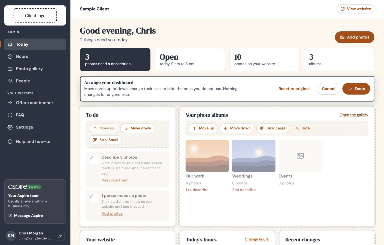 Dashboard in Customize mode with an Arrange your dashboard bar and Move up, Move down, Size and Hide buttons on each card