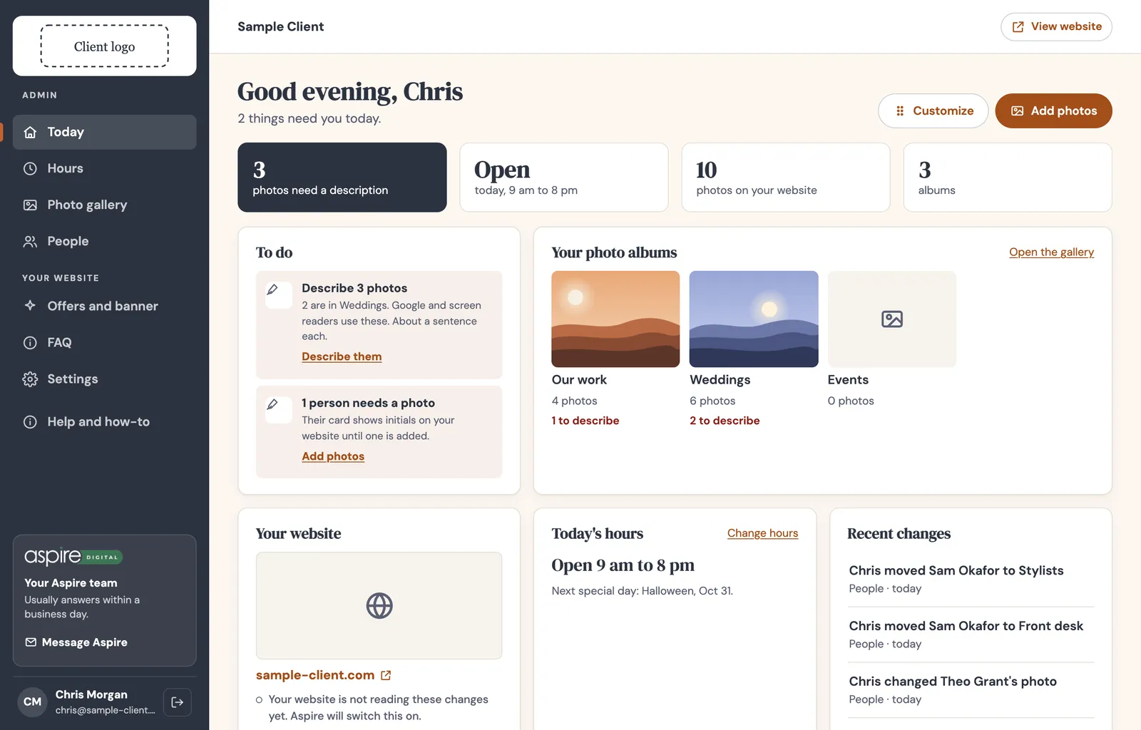 Portal dashboard for a sample client: a dark sidebar with the menu and an Aspire team card, a greeting to Chris, four number cards, a to-do list, photo albums, website status, today’s hours and recent changes