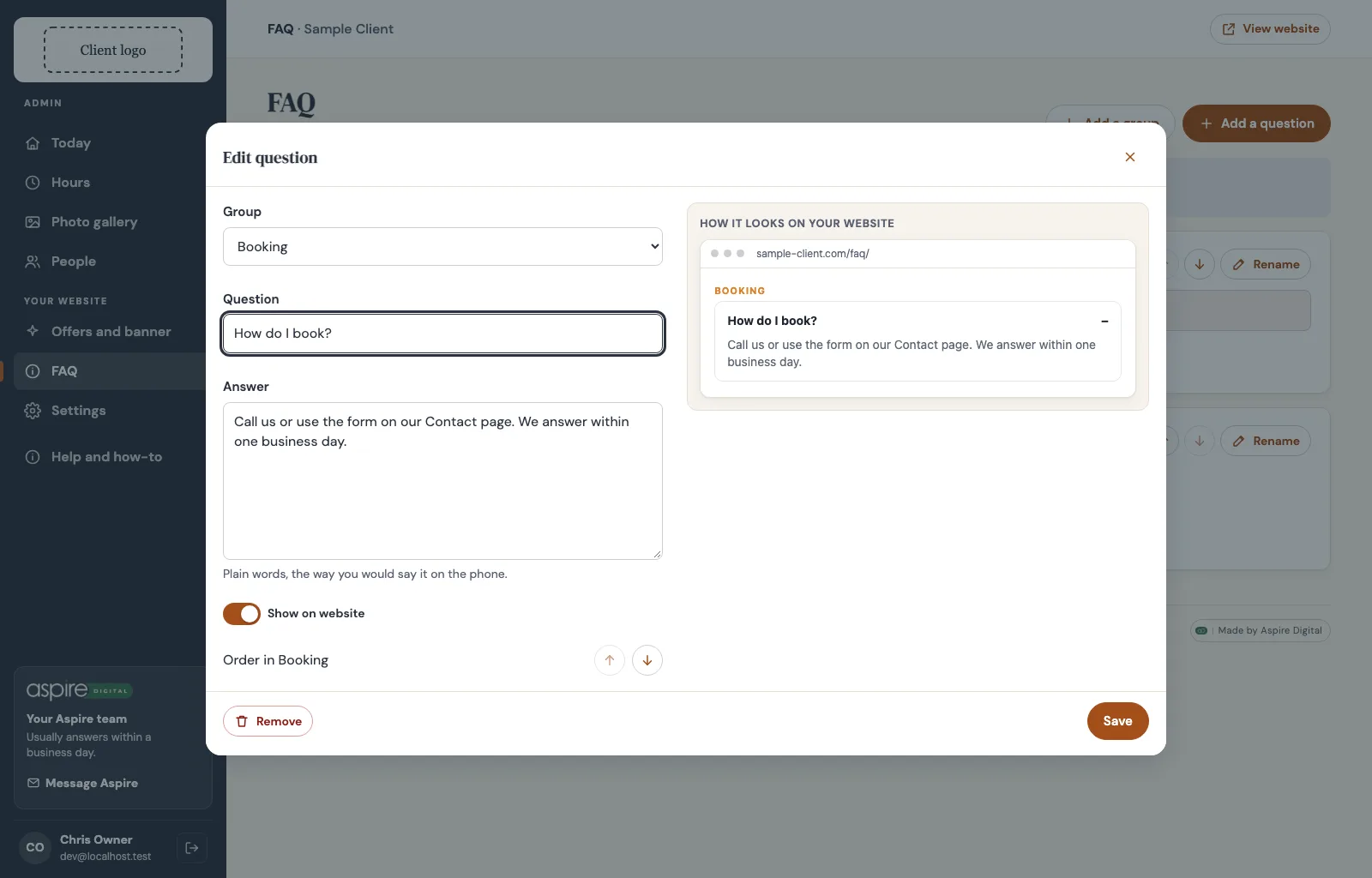 Edit question modal for How do I book, with the question and answer previewed as the FAQ page shows them