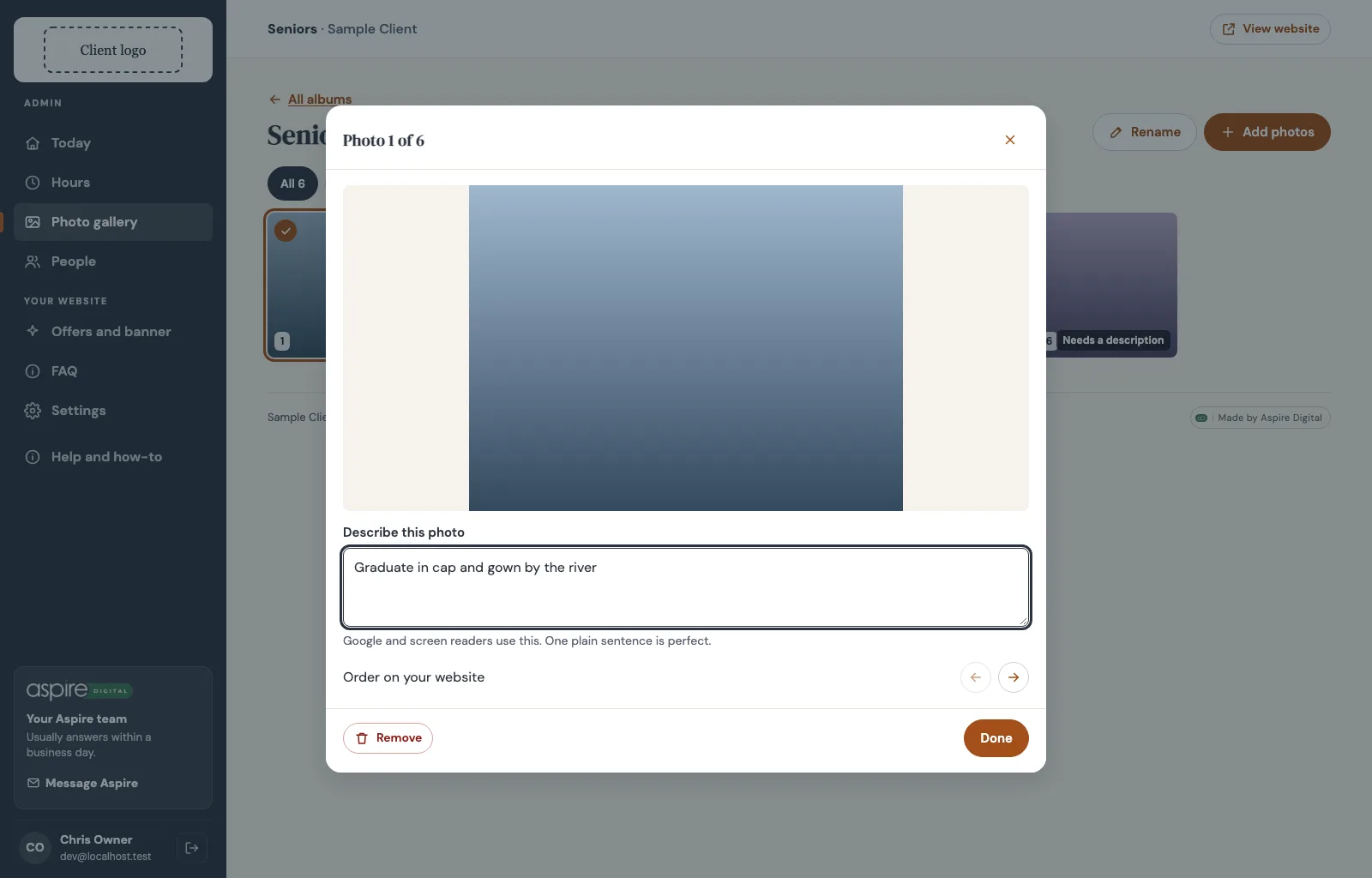 Photo modal: the selected photo, a box to describe it, order arrows, Remove and Done
