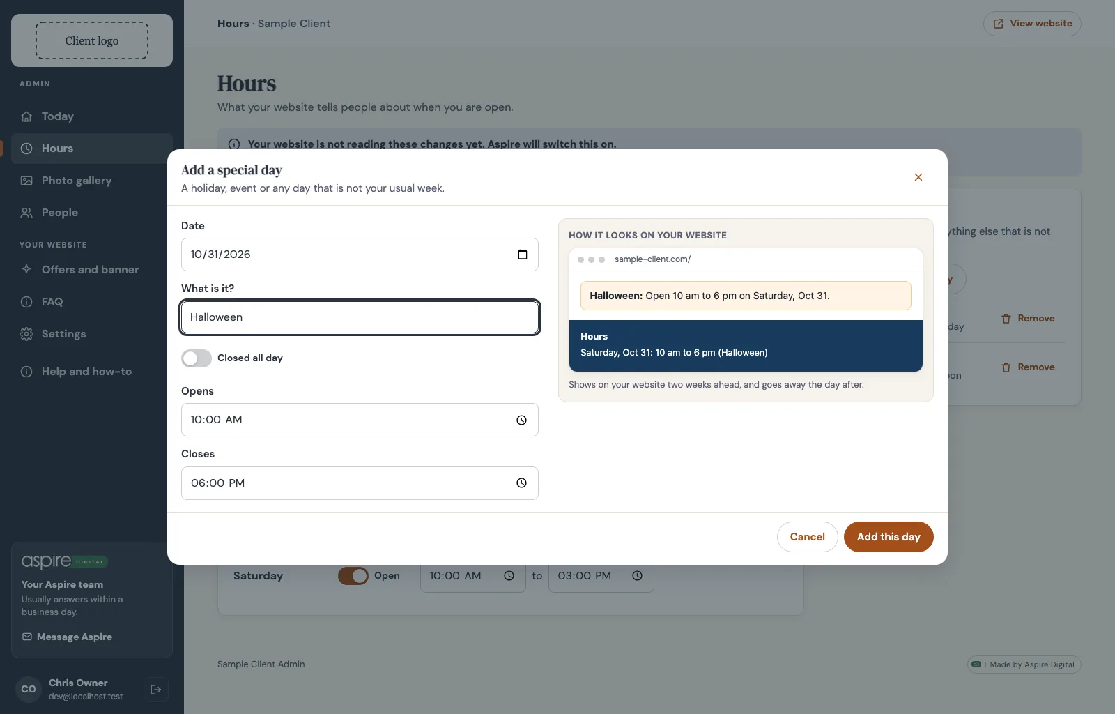 Add a special day modal for Halloween, open 10 am to 6 pm, with the website notice and footer hours line previewed beside the form