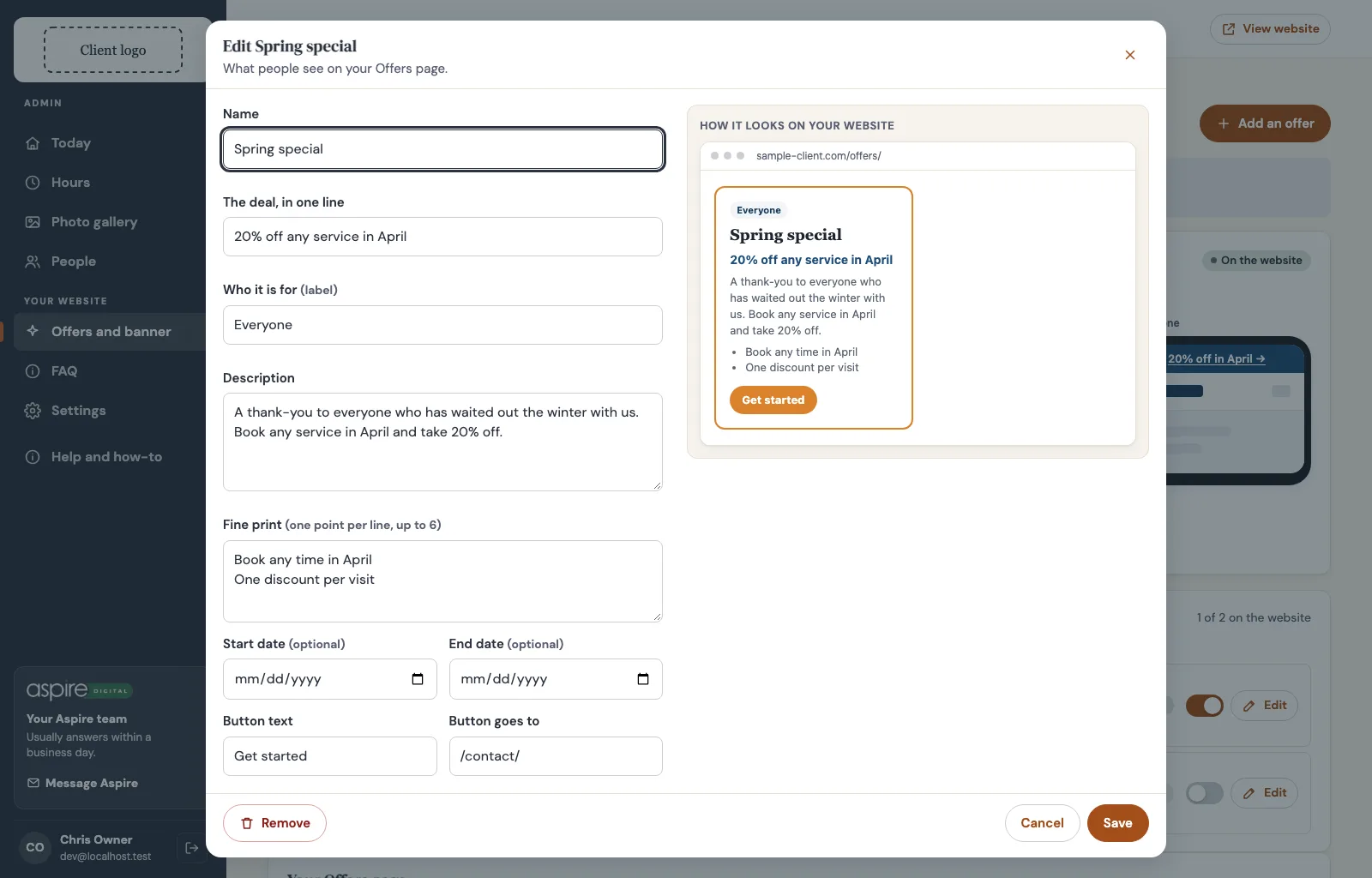 Modal for editing the Spring special offer: the form on the left and, on the right, the offer card as it looks on the website