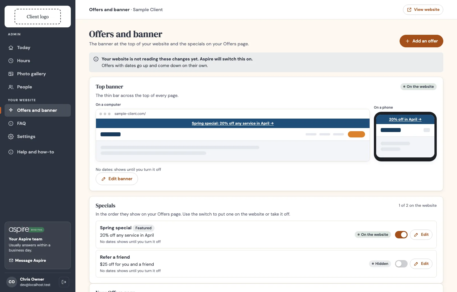 Offers and banner page: the top banner shown as it looks on a computer and on a phone, with an Edit banner button, above a Specials list where one offer is on the website and one is hidden