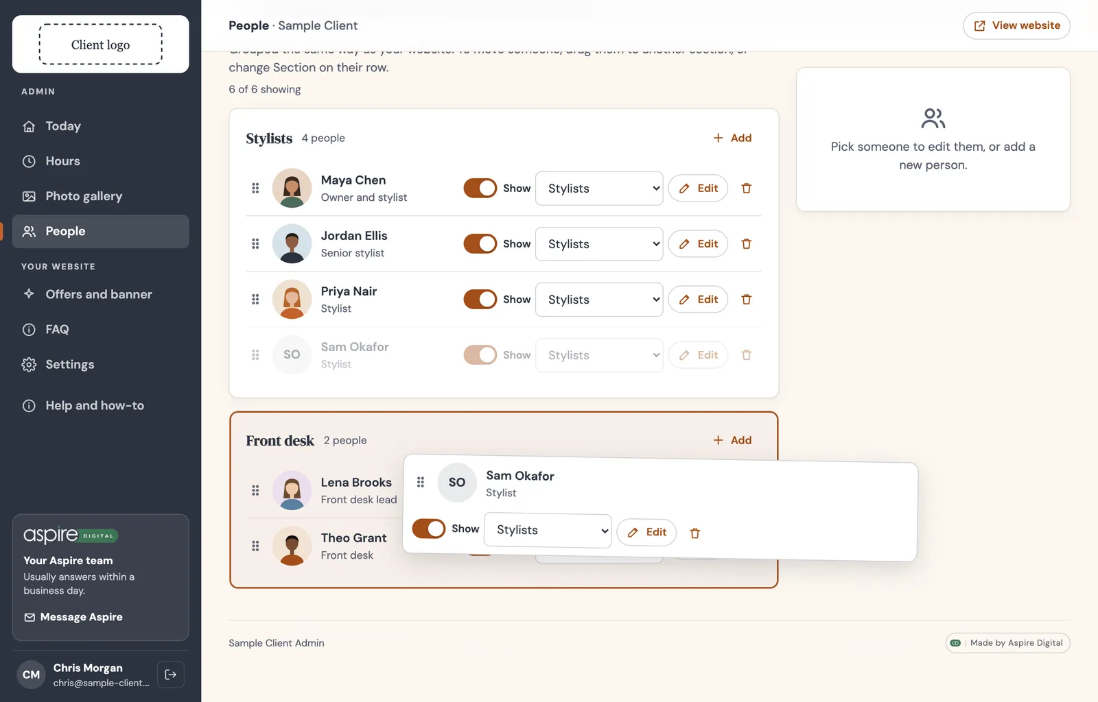 People page split into Stylists and Front desk sections, with Sam Okafor being dragged into the highlighted Front desk section