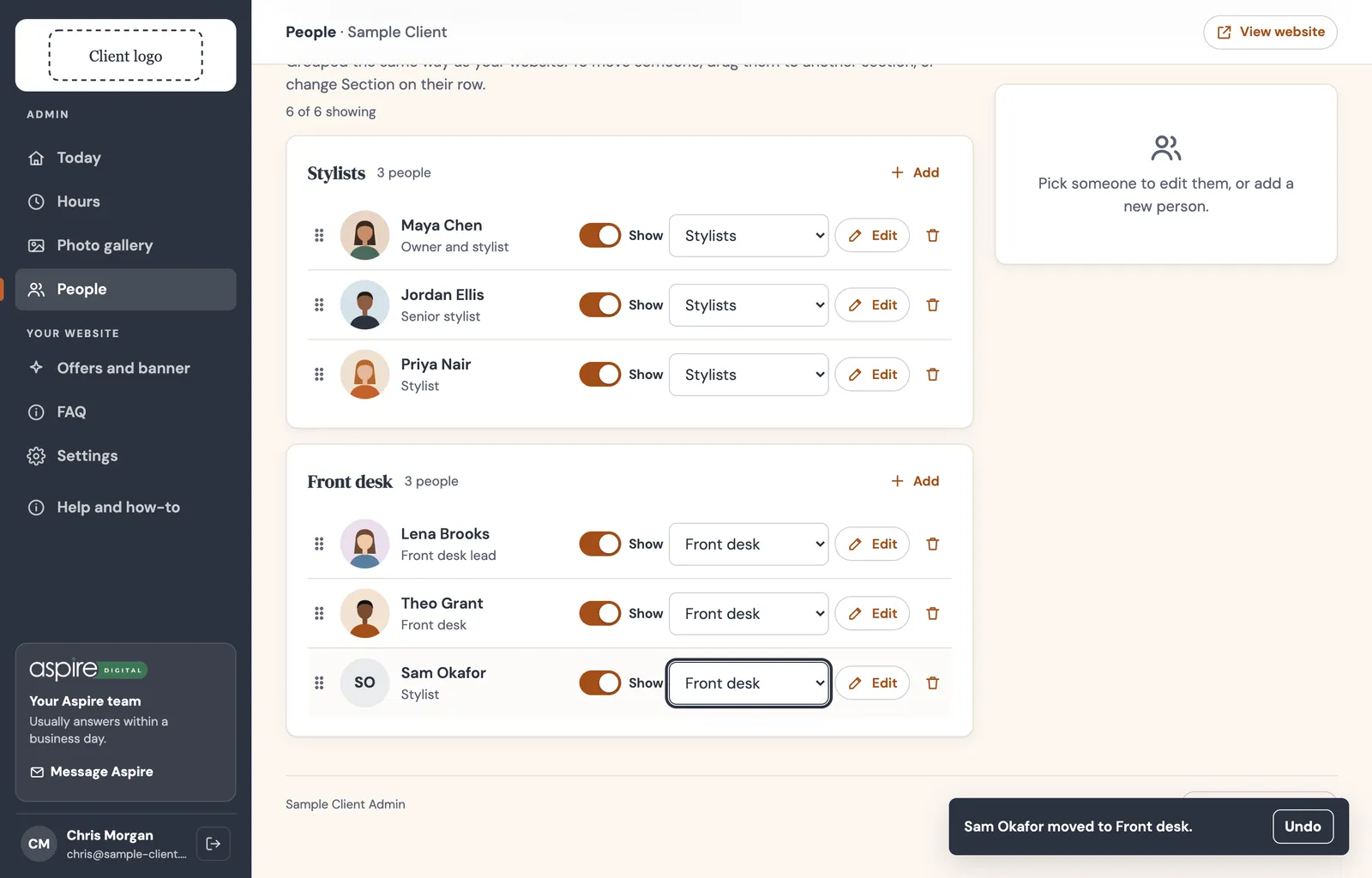 People page after the move, Sam Okafor now in Front desk, with a message saying he moved and an Undo button