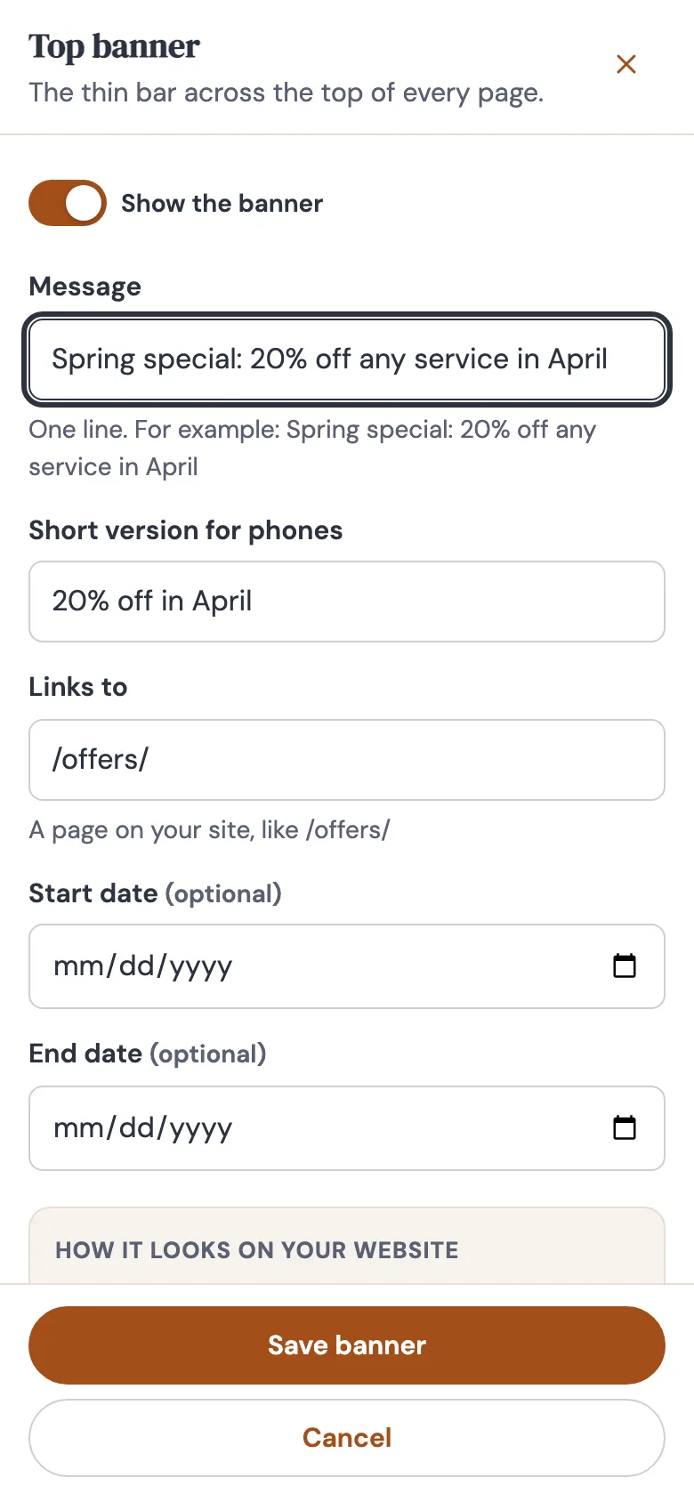 On a phone, the Top banner modal fills the screen: header with a close button, the form, and the banner preview, with Save banner and Cancel pinned at the bottom