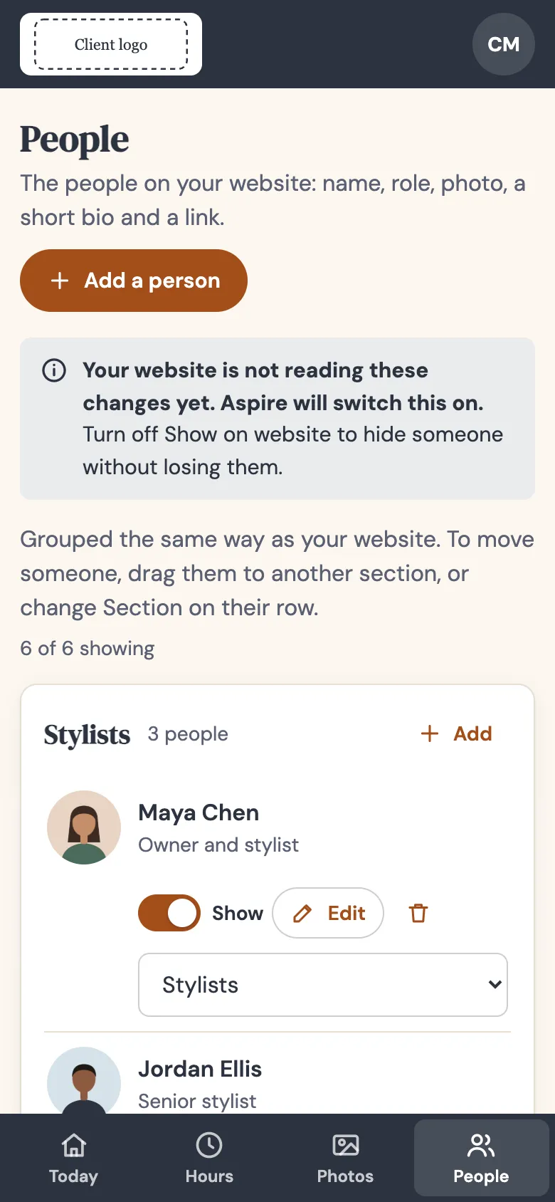 People page on a phone, each person with a Show switch, Edit button and a Section menu