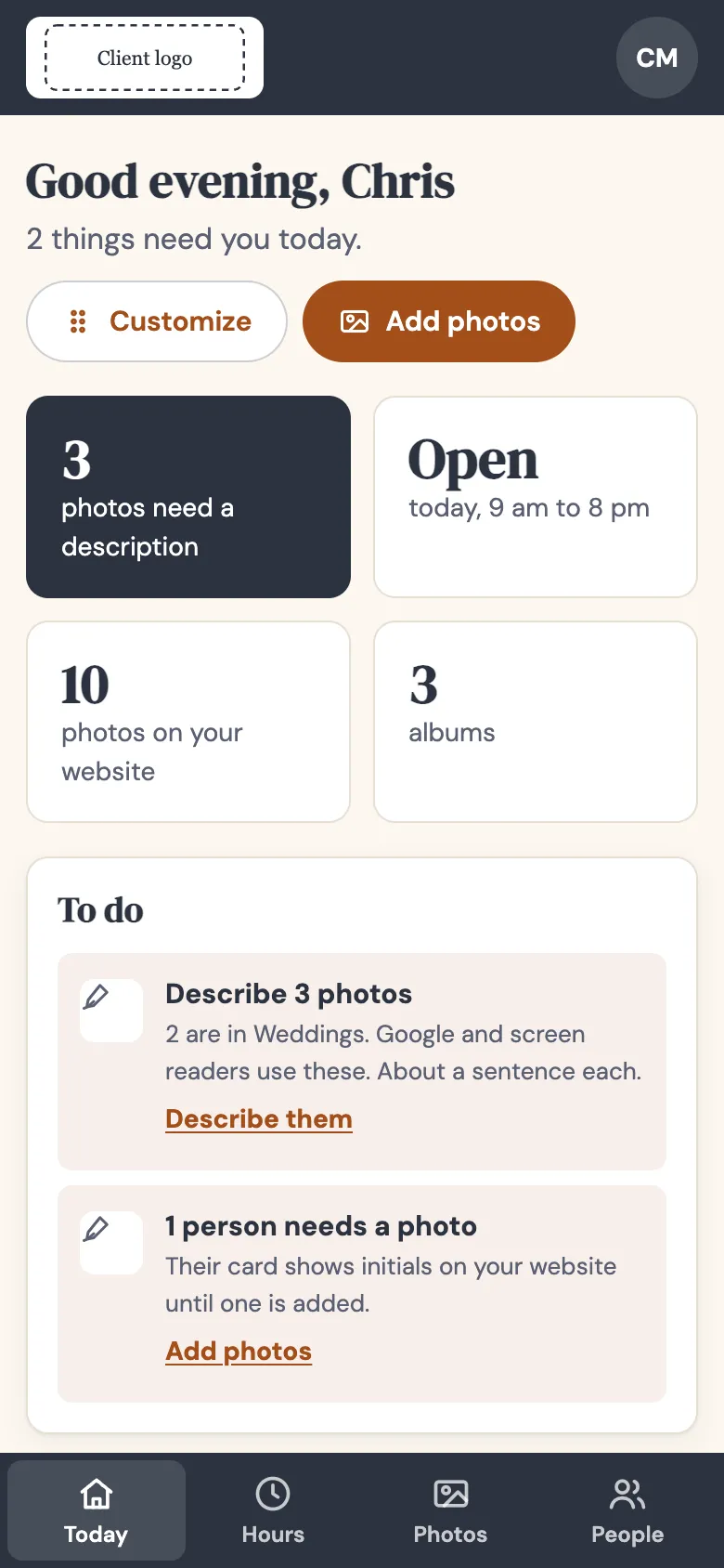 Portal dashboard on a phone with number cards, a to-do list and a bottom tab bar